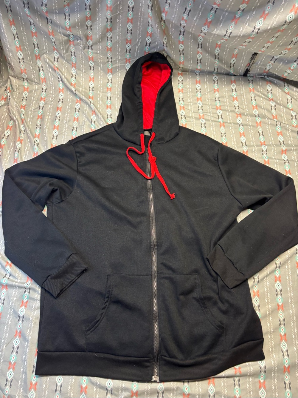 💢Men's Black Full-Zip Hoodie with Red Trim